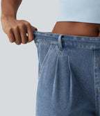 Mid Rise Rolled Hem Denim Casual Shorts with Pockets — Blue Jasper Denim — view 4