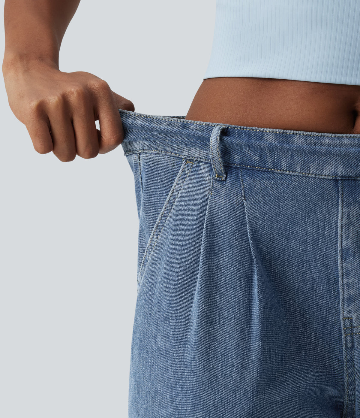 Mid Rise Rolled Hem Denim Casual Shorts with Pockets — Blue Jasper Denim — view 4