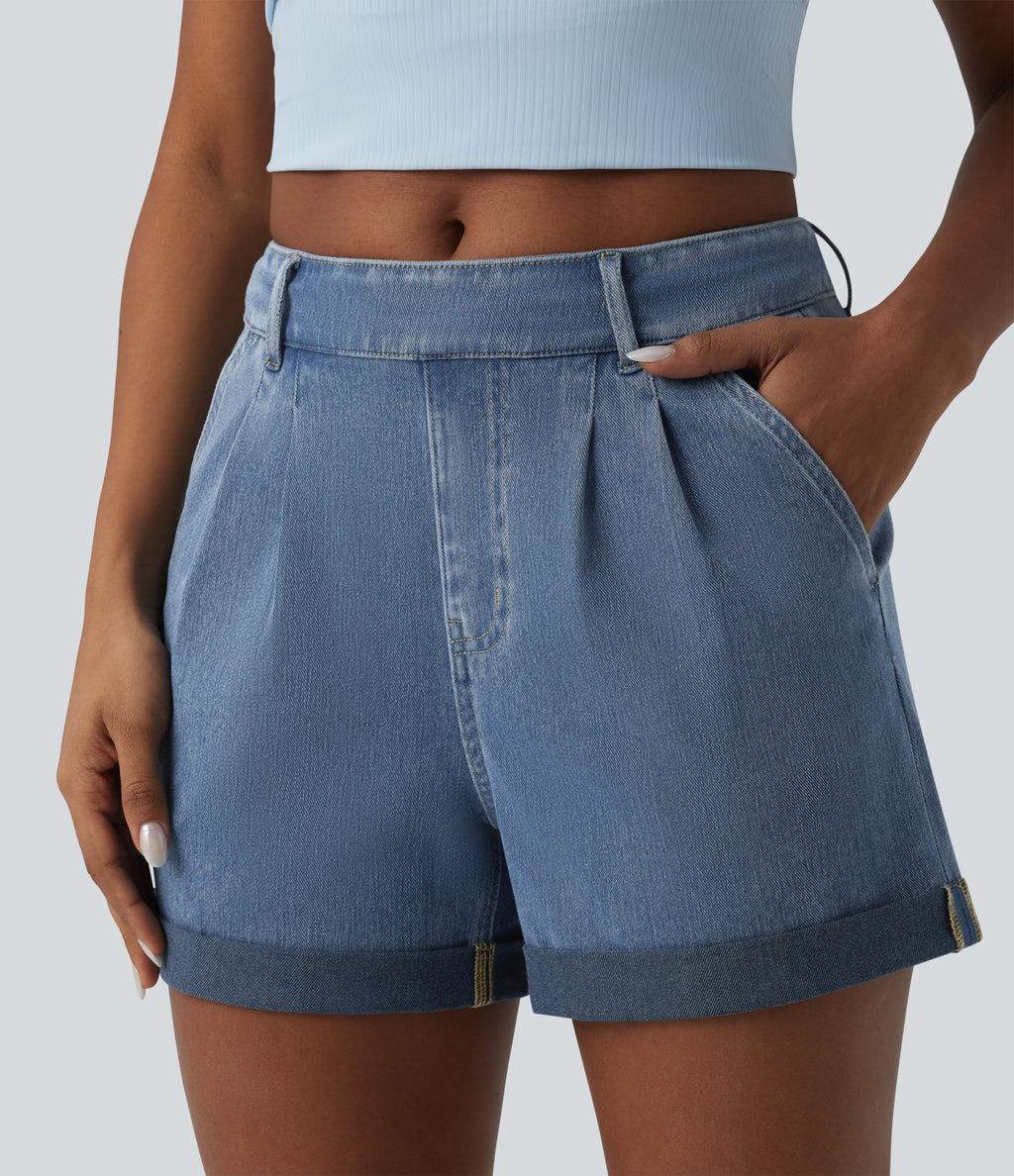 Mid Rise Rolled Hem Denim Casual Shorts with Pockets — Blue Jasper Denim — view 5