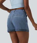 Mid Rise Rolled Hem Denim Casual Shorts with Pockets — Blue Jasper Denim — view 2