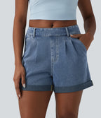 Mid Rise Rolled Hem Denim Casual Shorts with Pockets — Blue Jasper Denim — view 3