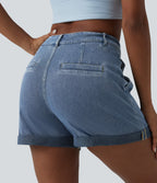 Mid Rise Rolled Hem Denim Casual Shorts with Pockets — Blue Jasper Denim — view 6
