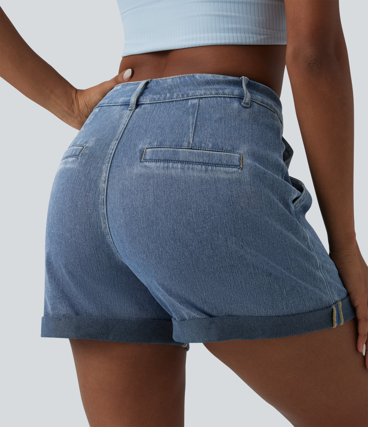 Mid Rise Rolled Hem Denim Casual Shorts with Pockets — Blue Jasper Denim — view 6