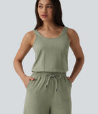 U-Neck Sleeveless Drawstring Heathered Casual Baggy Jumpsuit with Pockets — Light Green Floral Yarn — view 5
