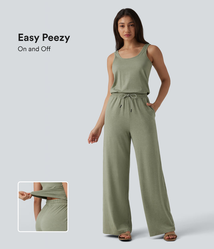 U-Neck Sleeveless Drawstring Heathered Casual Baggy Jumpsuit with Pockets — Light Green Floral Yarn — view 1