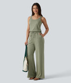 U-Neck Sleeveless Drawstring Heathered Casual Baggy Jumpsuit with Pockets — Light Green Floral Yarn — view 6