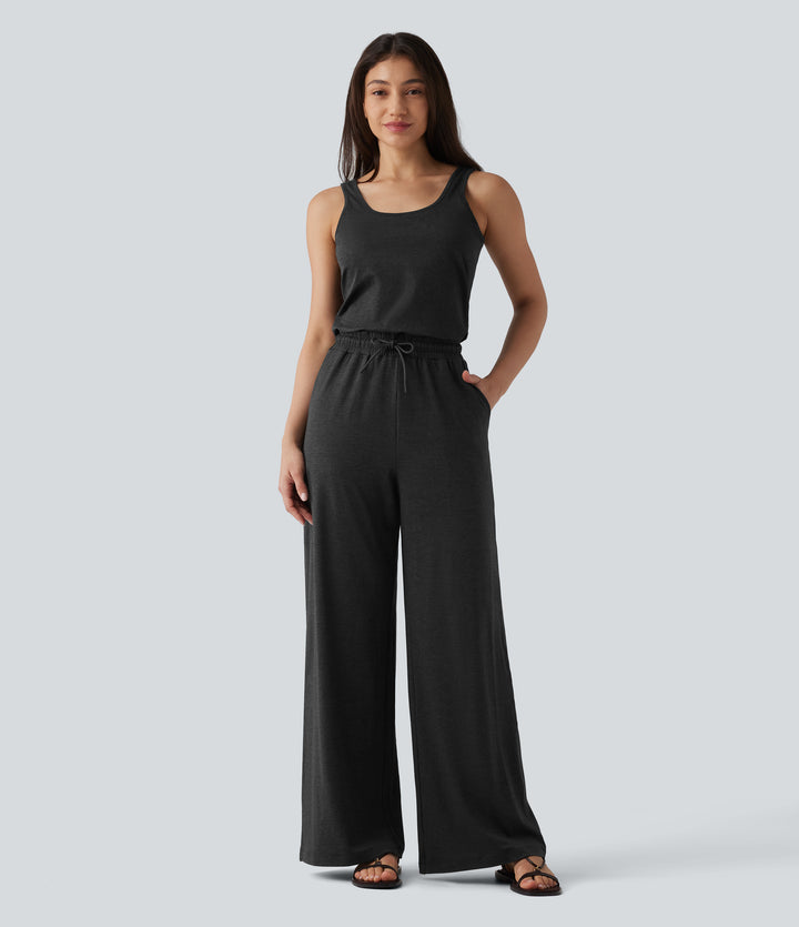 U-Neck Sleeveless Drawstring Heathered Casual Baggy Jumpsuit with Pockets — Darl Gray Floral Yarn — view 7