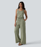 U-Neck Sleeveless Drawstring Heathered Casual Baggy Jumpsuit with Pockets — Light Green Floral Yarn — view 3