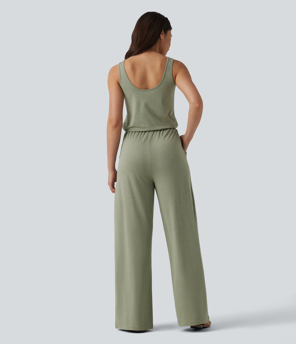 U-Neck Sleeveless Drawstring Heathered Casual Baggy Jumpsuit with Pockets — Light Green Floral Yarn — view 2