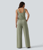 U-Neck Sleeveless Drawstring Heathered Casual Baggy Jumpsuit with Pockets — Light Green Floral Yarn — view 2