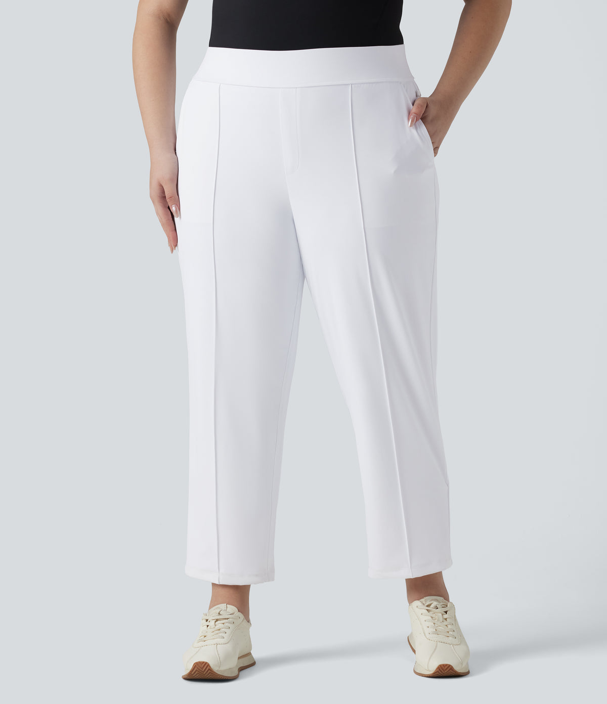 High Waisted Quick Dry Golf Plus Size Trousers with Pockets-Golf Tee-UPF40+ — White — view 2