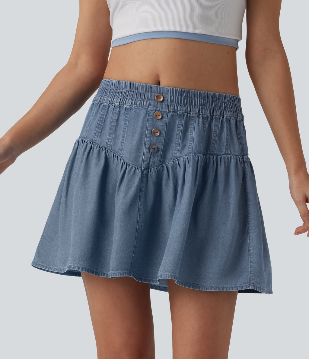 Mid Rise Mini Draped Lyocell Denim Casual A-line Skirt — Blue Jasper Denim — view 4