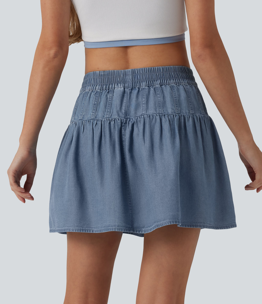 Mid Rise Mini Draped Lyocell Denim Casual A-line Skirt — Blue Jasper Denim — view 2