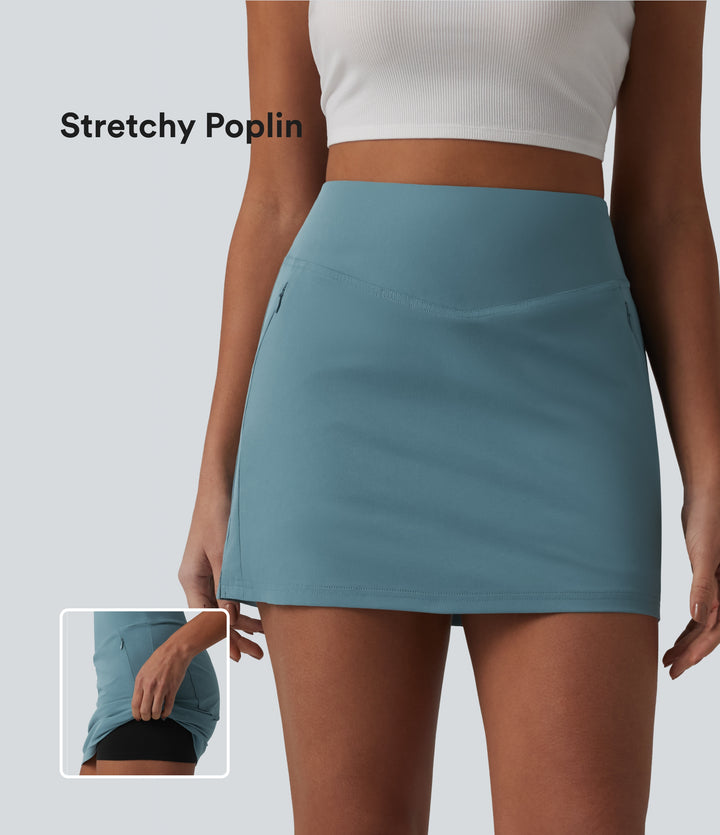 High Waisted 2-in-1 A-line Mini Stretchy Poplin Casual Skirt with Pockets — Stone Blue — view 1