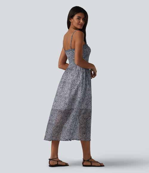 Adjustable Straps Shirred Ditsy Floral Print Chiffon Flowy Midi Casual Slip Dress with Pockets — Ink Blossom Print — view 2