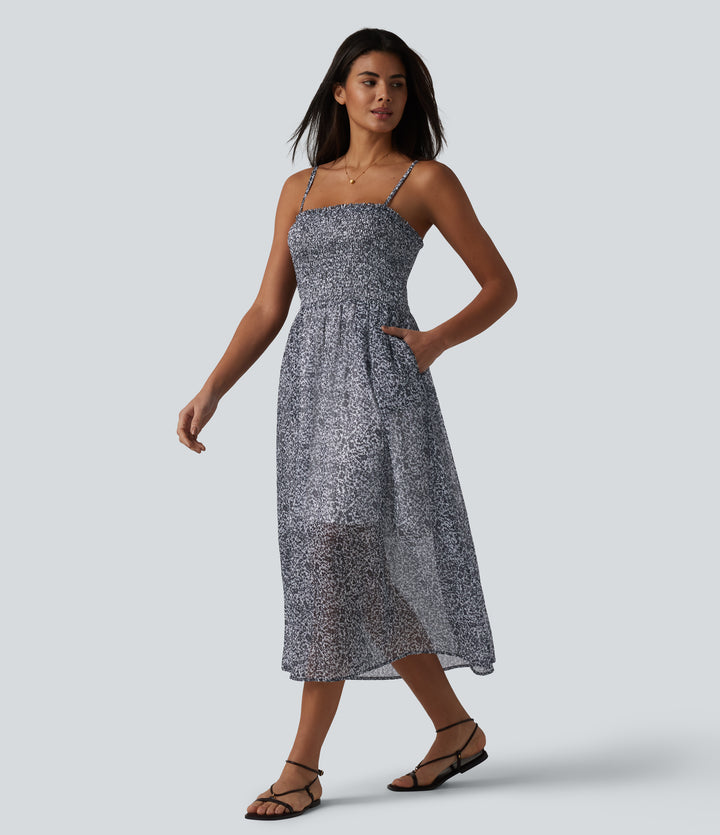 Adjustable Straps Shirred Ditsy Floral Print Chiffon Flowy Midi Casual Slip Dress with Pockets — Ink Blossom Print — view 1