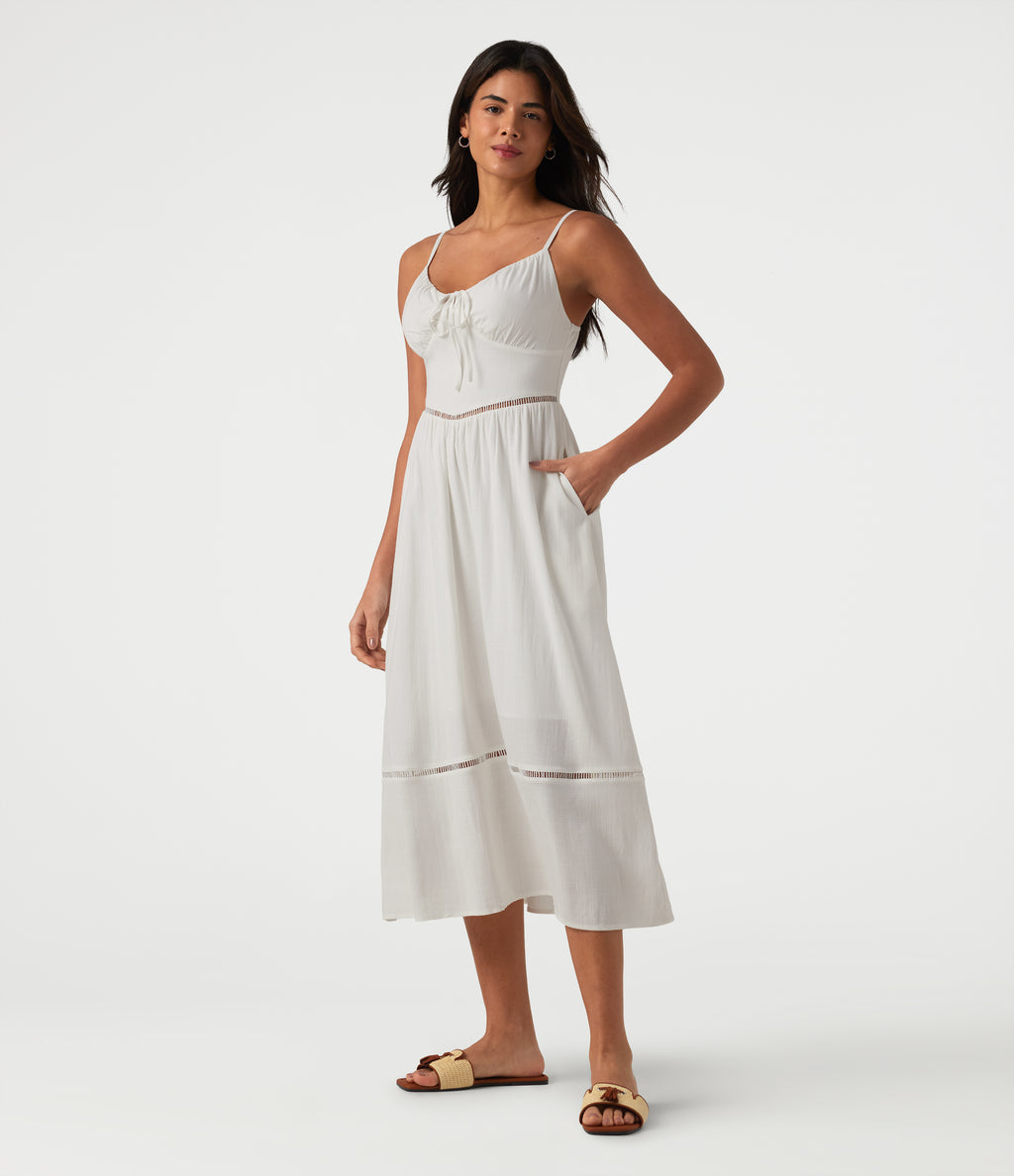 Tie Front Cut Out Midi Linen-Feel Slip Dress with Pockets — White — view 4