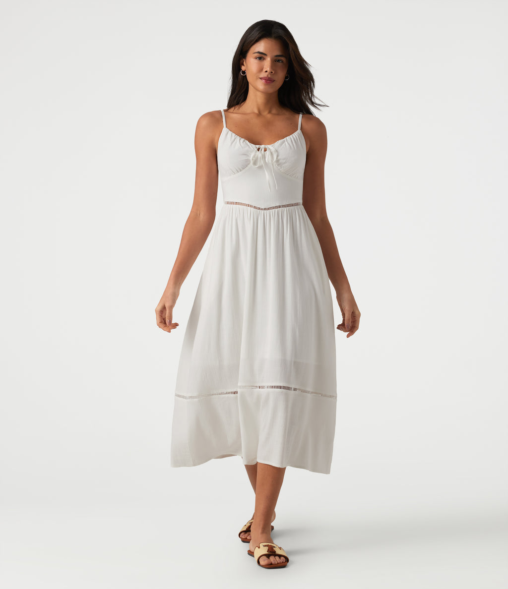 Tie Front Cut Out Midi Linen-Feel Slip Dress with Pockets — White — view 3