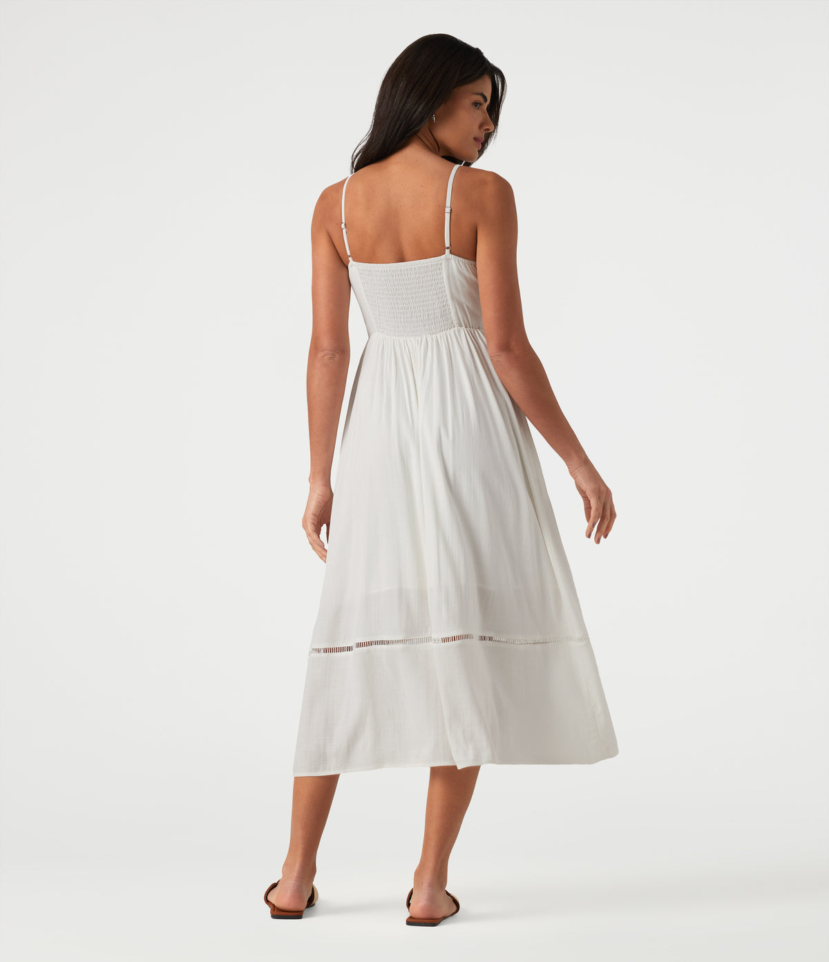 Tie Front Cut Out Midi Linen-Feel Slip Dress with Pockets — White — view 2