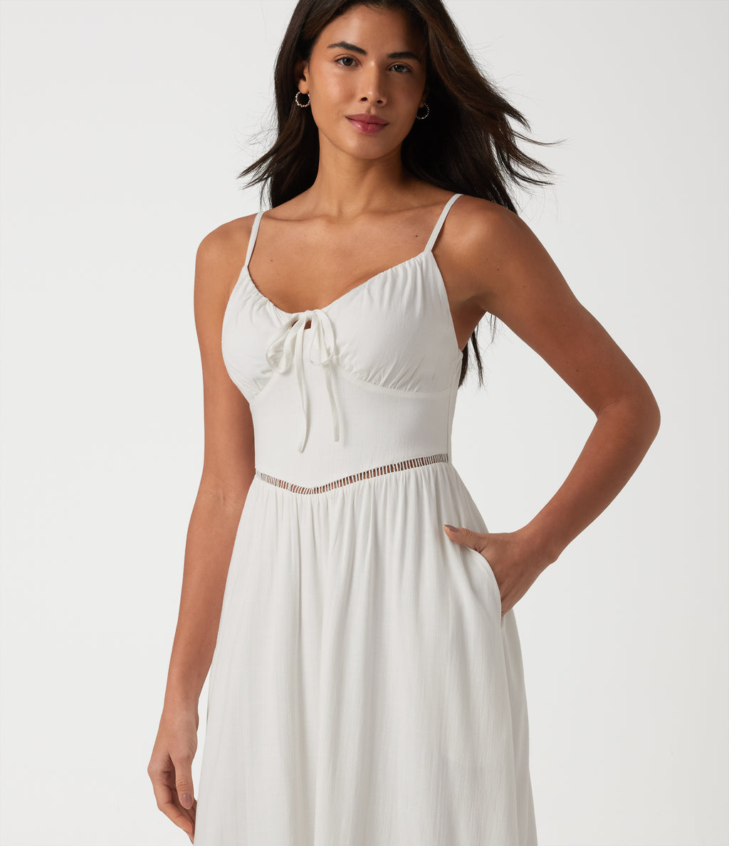 Tie Front Cut Out Midi Linen-Feel Slip Dress with Pockets — White — view 6
