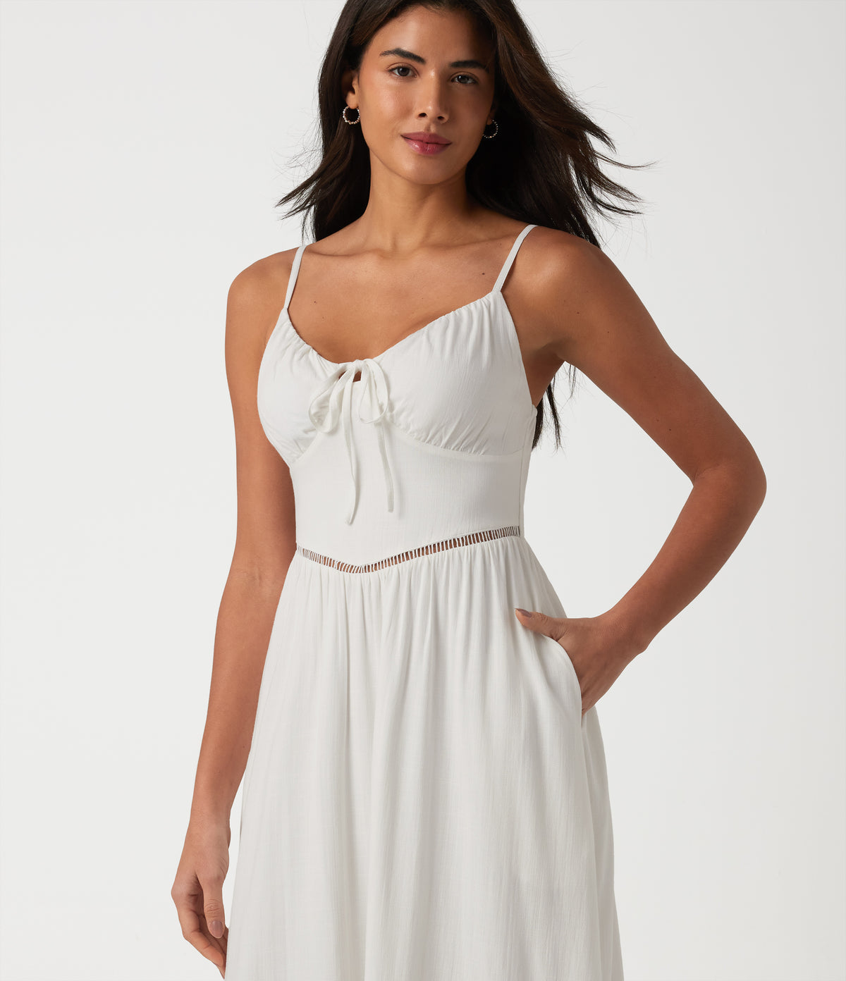 Tie Front Cut Out Midi Linen-Feel Slip Dress with Pockets — White — view 6