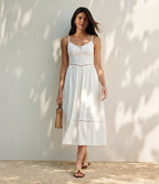 Tie Front Cut Out Midi Linen-Feel Slip Dress with Pockets — White — view 1
