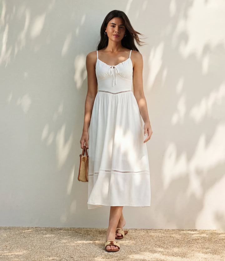 Tie Front Cut Out Midi Linen-Feel Slip Dress with Pockets — White — view 1