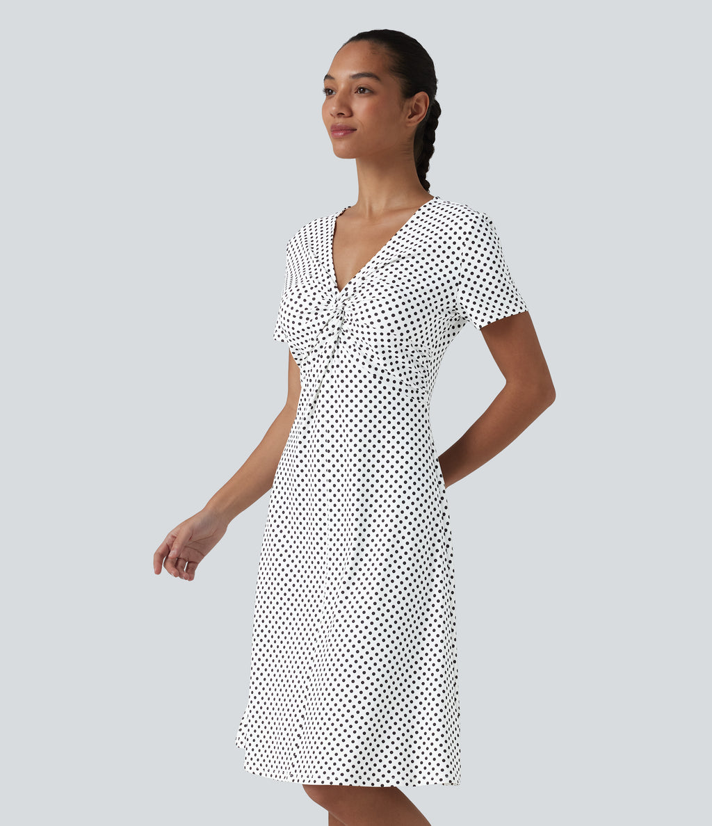 V Neck Short Sleeve Polka Dot Knee Length Casual Dress — Snow Dots — view 3