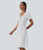 V Neck Short Sleeve Polka Dot Knee Length Casual Dress — Snow Dots — view 3