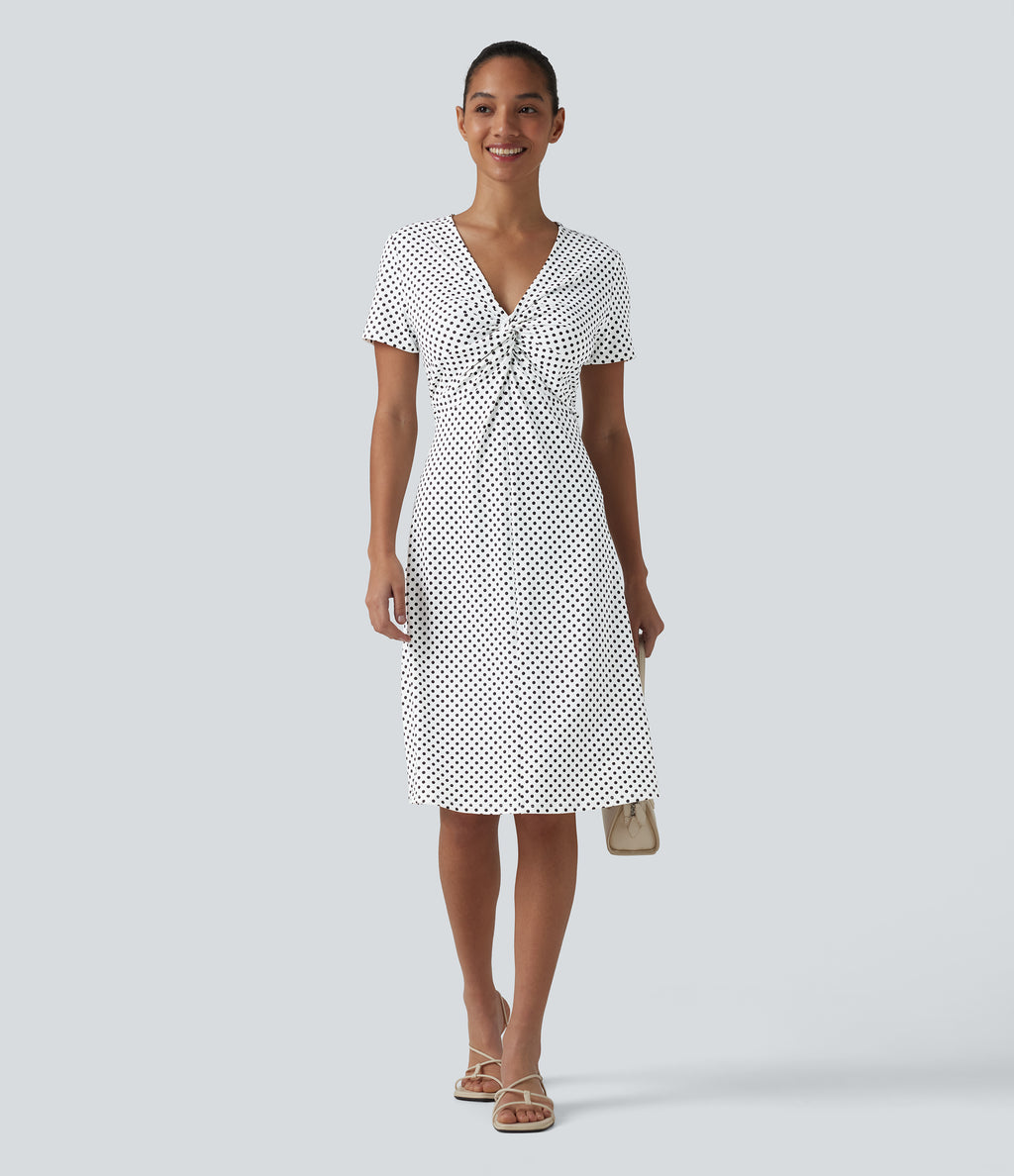 V Neck Short Sleeve Polka Dot Knee Length Casual Dress — Snow Dots — view 6