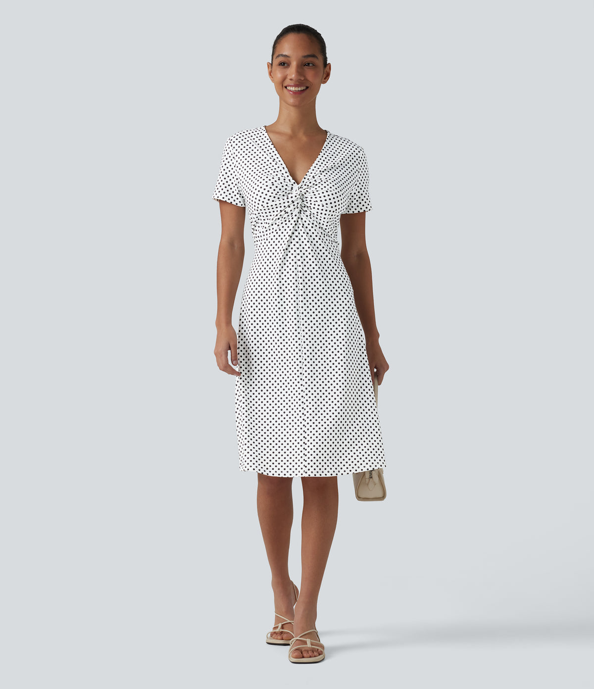 V Neck Short Sleeve Polka Dot Knee Length Casual Dress — Snow Dots — view 6