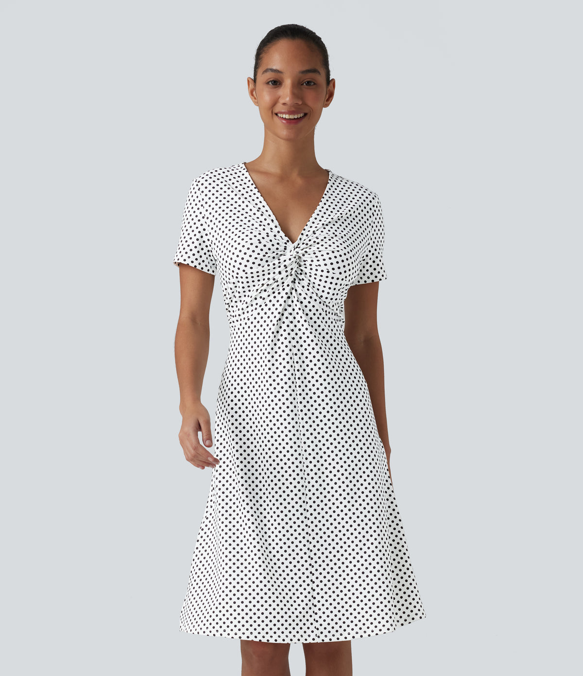 V Neck Short Sleeve Polka Dot Knee Length Casual Dress — Snow Dots — view 1