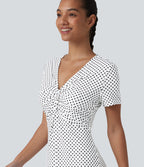 V Neck Short Sleeve Polka Dot Knee Length Casual Dress — Snow Dots — view 5