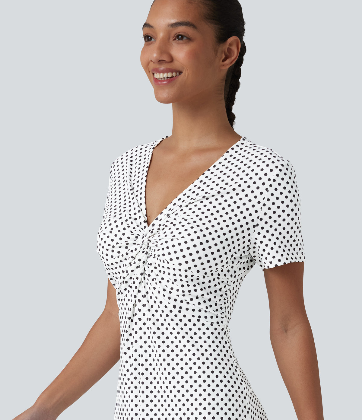 V Neck Short Sleeve Polka Dot Knee Length Casual Dress — Snow Dots — view 5