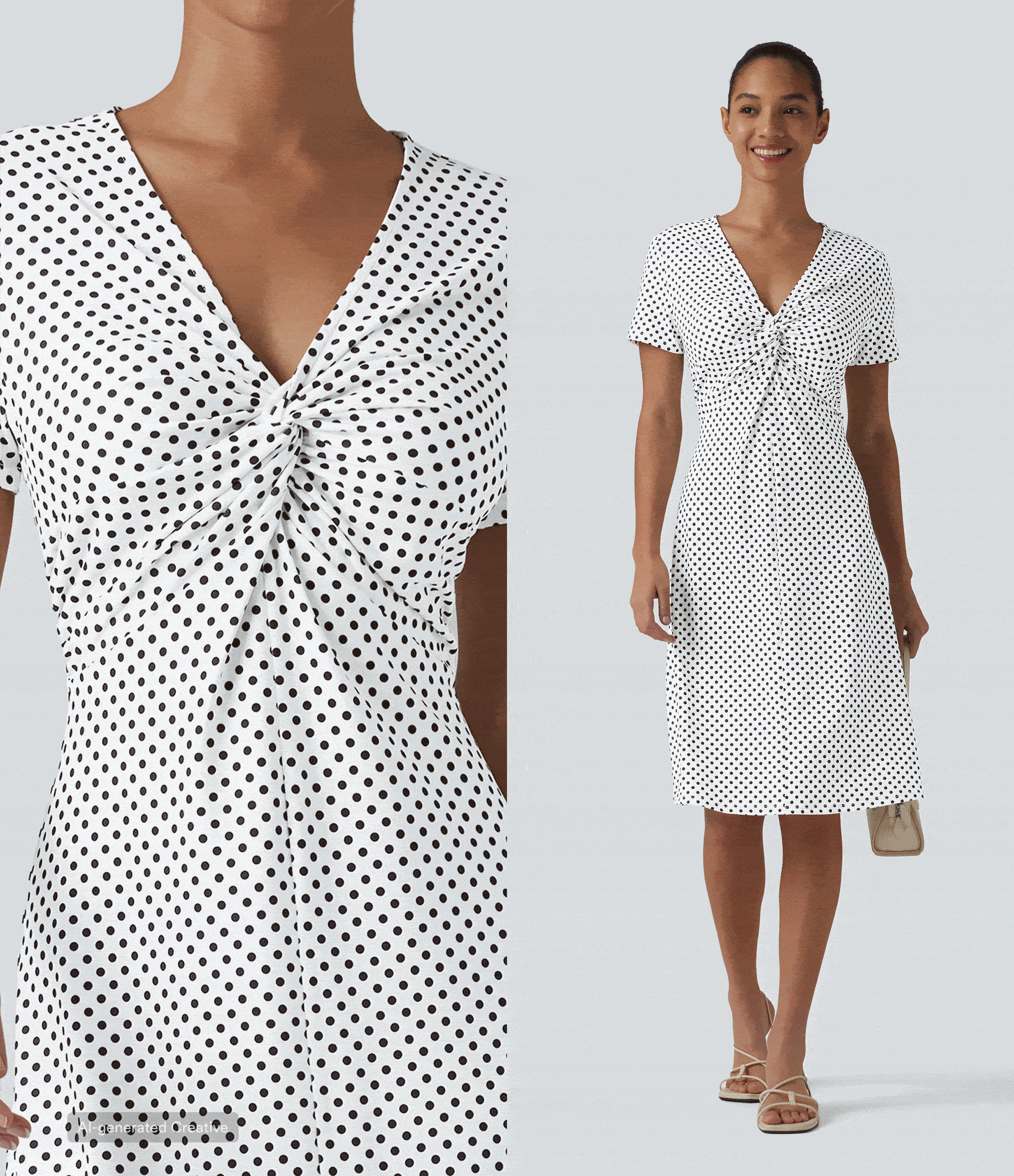 V Neck Short Sleeve Polka Dot Knee Length Casual Dress — Snow Dots — view 4
