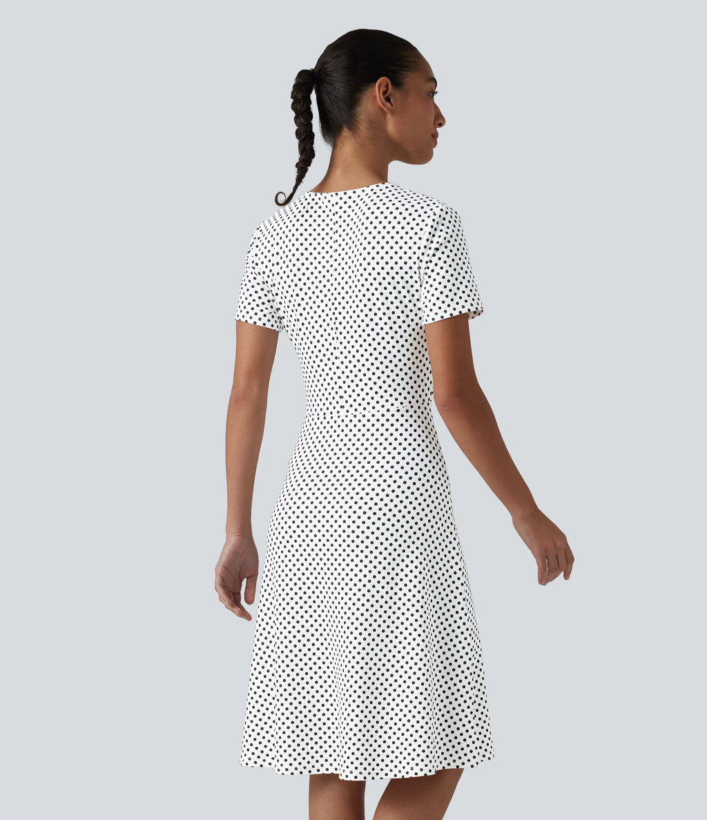 V Neck Short Sleeve Polka Dot Knee Length Casual Dress — Snow Dots — view 2