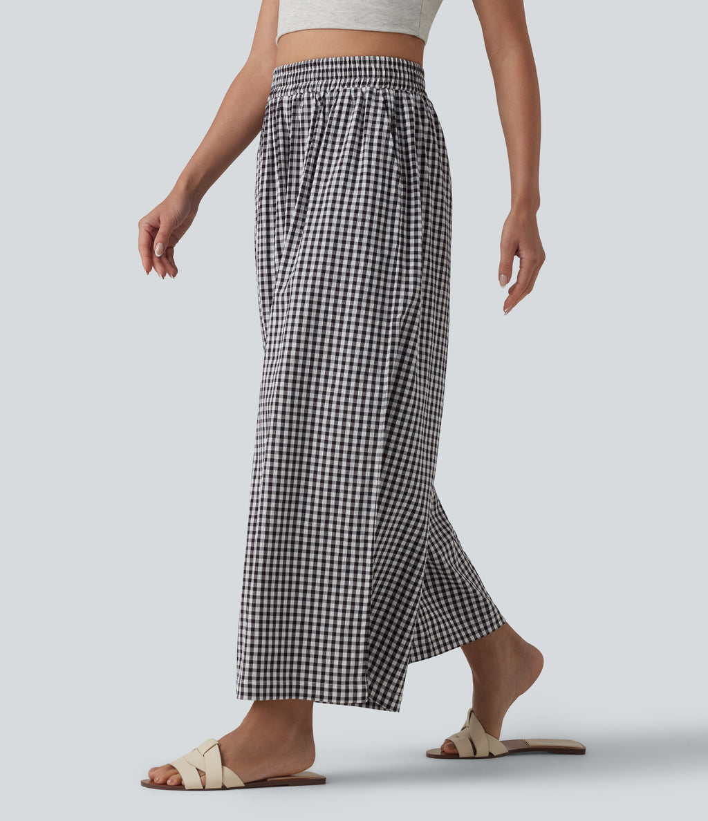 High Waisted Baggy Plaid Casual Trousers with Pockets — Black White Bubble Grid — view 3
