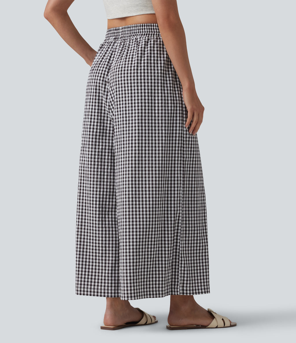 High Waisted Baggy Plaid Casual Trousers with Pockets — Black White Bubble Grid — view 2