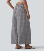 High Waisted Baggy Plaid Casual Trousers with Pockets — Black White Bubble Grid — view 2