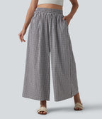 High Waisted Baggy Plaid Casual Trousers with Pockets — Black White Bubble Grid — view 1