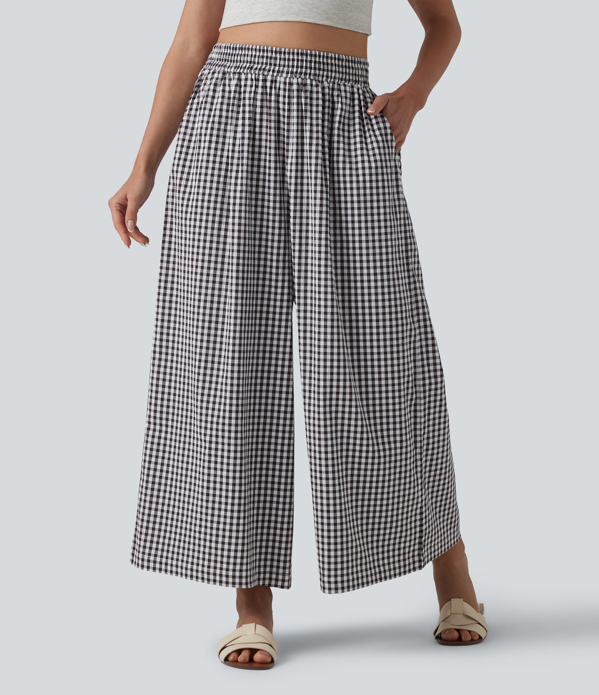 High Waisted Baggy Plaid Casual Trousers with Pockets — Black White Bubble Grid — view 1