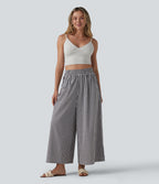 High Waisted Baggy Plaid Casual Trousers with Pockets — Black White Bubble Grid — view 5