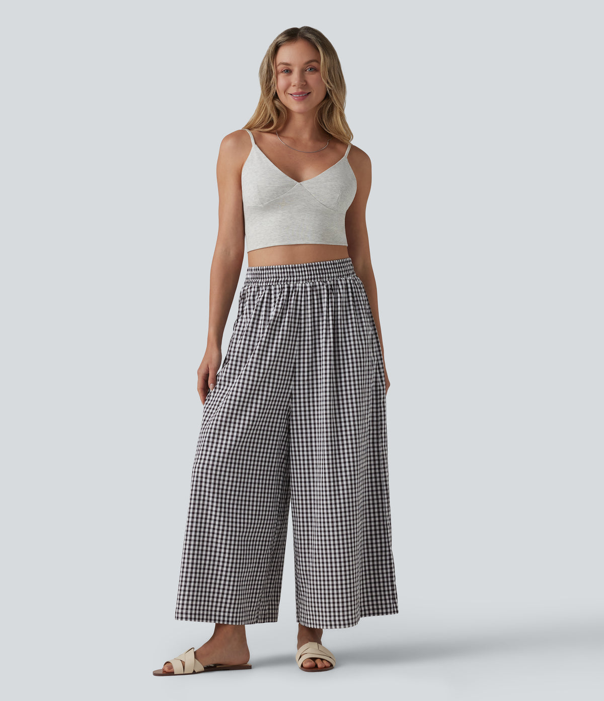 High Waisted Baggy Plaid Casual Trousers with Pockets — Black White Bubble Grid — view 5