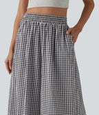 High Waisted Baggy Plaid Casual Trousers with Pockets — Black White Bubble Grid — view 4
