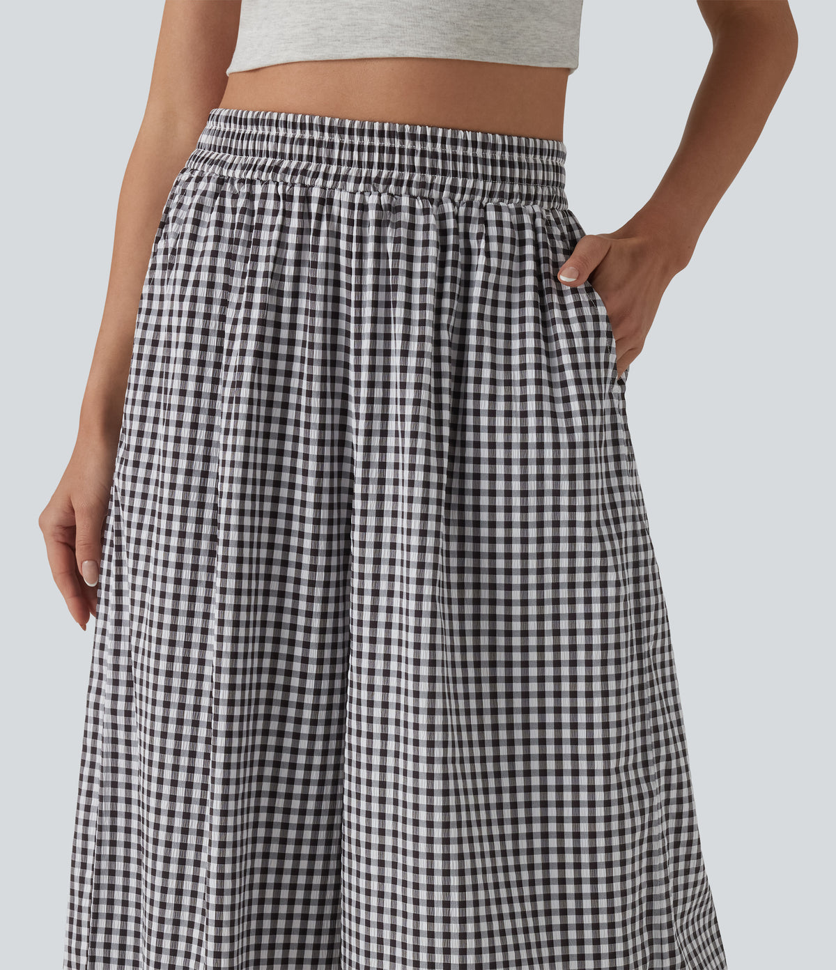 High Waisted Baggy Plaid Casual Trousers with Pockets — Black White Bubble Grid — view 4