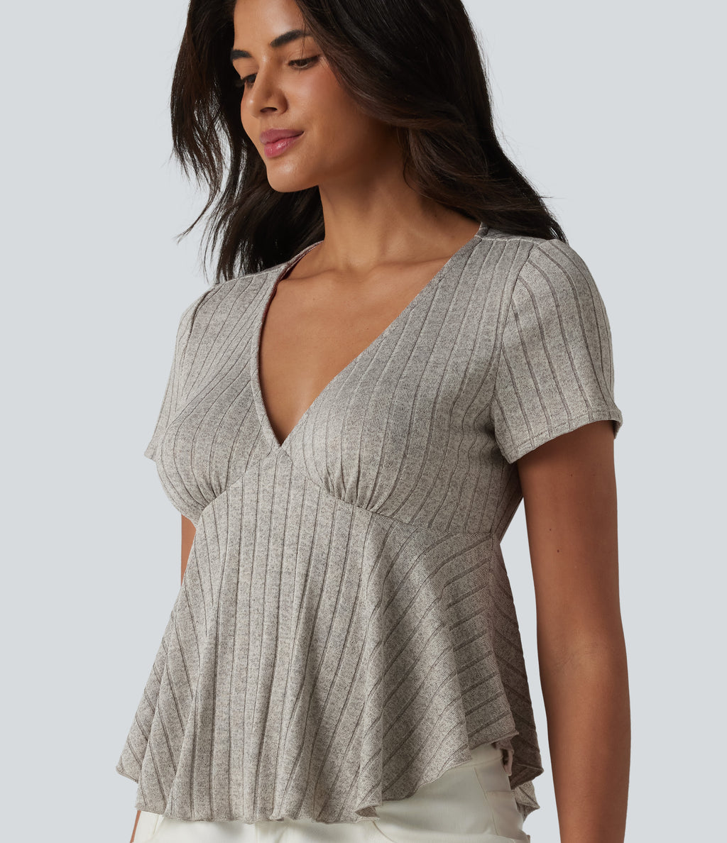 Ribbed Knit V Neck Short Sleeve Ruffle Hem Casual Babydoll T-Shirt — Warm Grey Floral Velvet — view 1