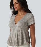 Ribbed Knit V Neck Short Sleeve Ruffle Hem Casual Babydoll T-Shirt — Warm Grey Floral Velvet — view 1