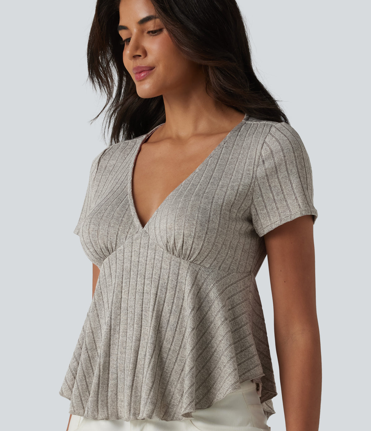 Ribbed Knit V Neck Short Sleeve Ruffle Hem Casual Babydoll T-Shirt — Warm Grey Floral Velvet — view 1