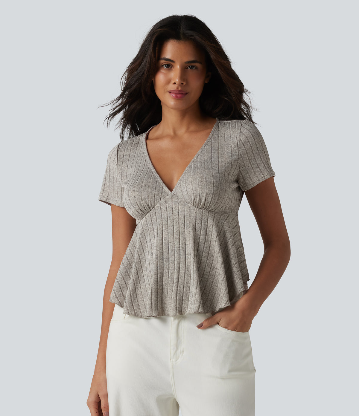 Ribbed Knit V Neck Short Sleeve Ruffle Hem Casual Babydoll T-Shirt — Warm Grey Floral Velvet — view 3