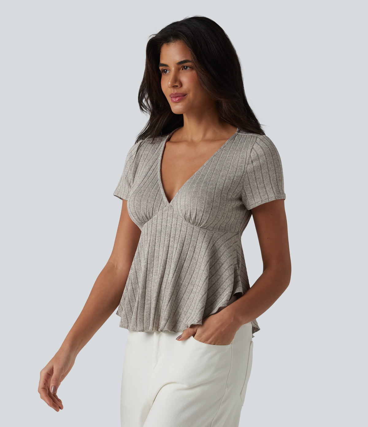 Ribbed Knit V Neck Short Sleeve Ruffle Hem Casual Babydoll T-Shirt — Warm Grey Floral Velvet — view 4
